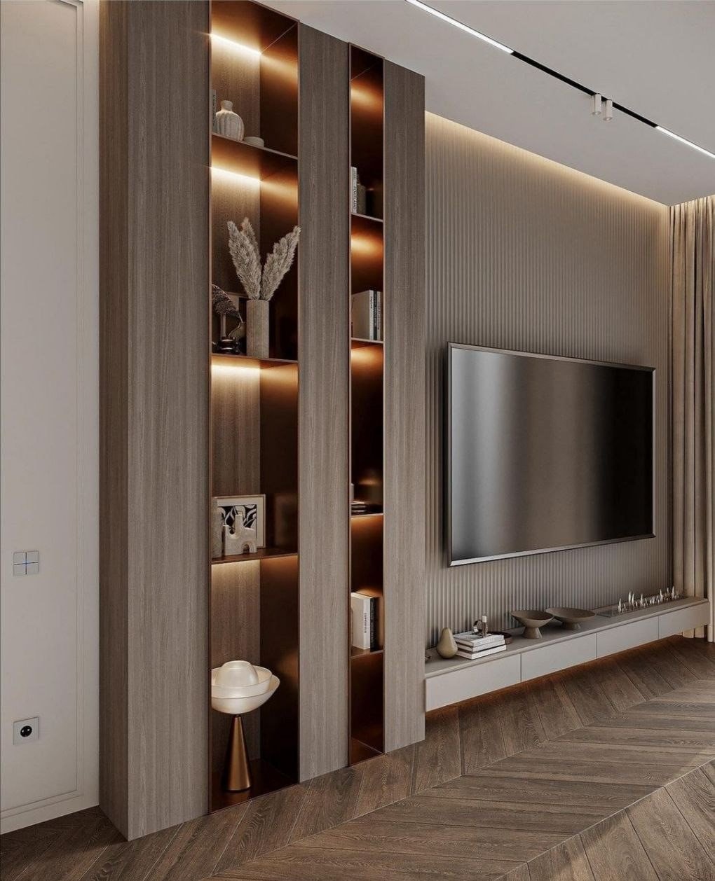 خدمة تفاصيل خشبية مع أرفف مضاءة ضمن قسم خلفيات شاشة