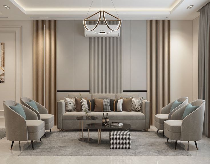 خدمة جلسة وسطية بتناسق لونين محايدين ضمن قسم مجالس