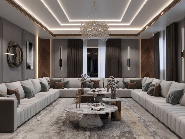 خدمة مجلس بإضاءة هندسية وسقف فني ضمن قسم مجالس