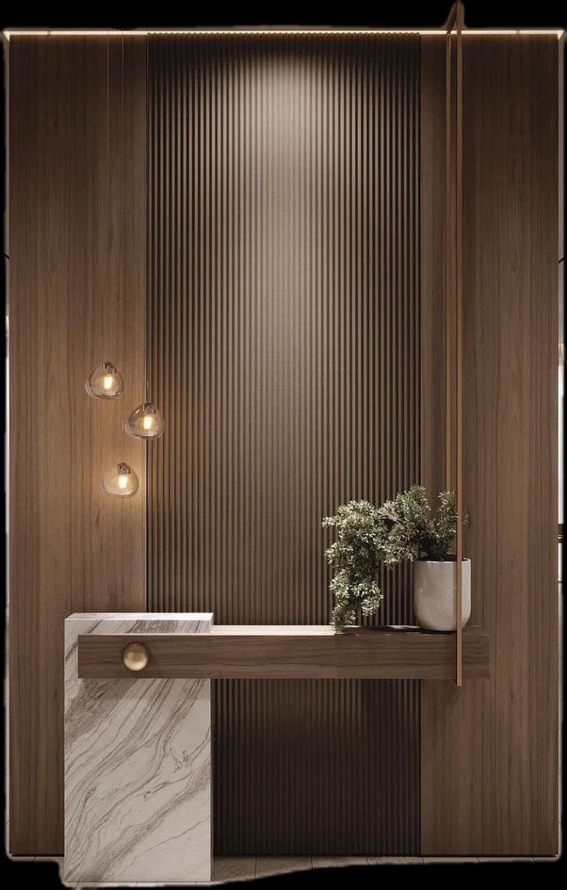 خدمة تناسق الخشب مع الرخام ضمن قسم ديكور مداخل واستقبال