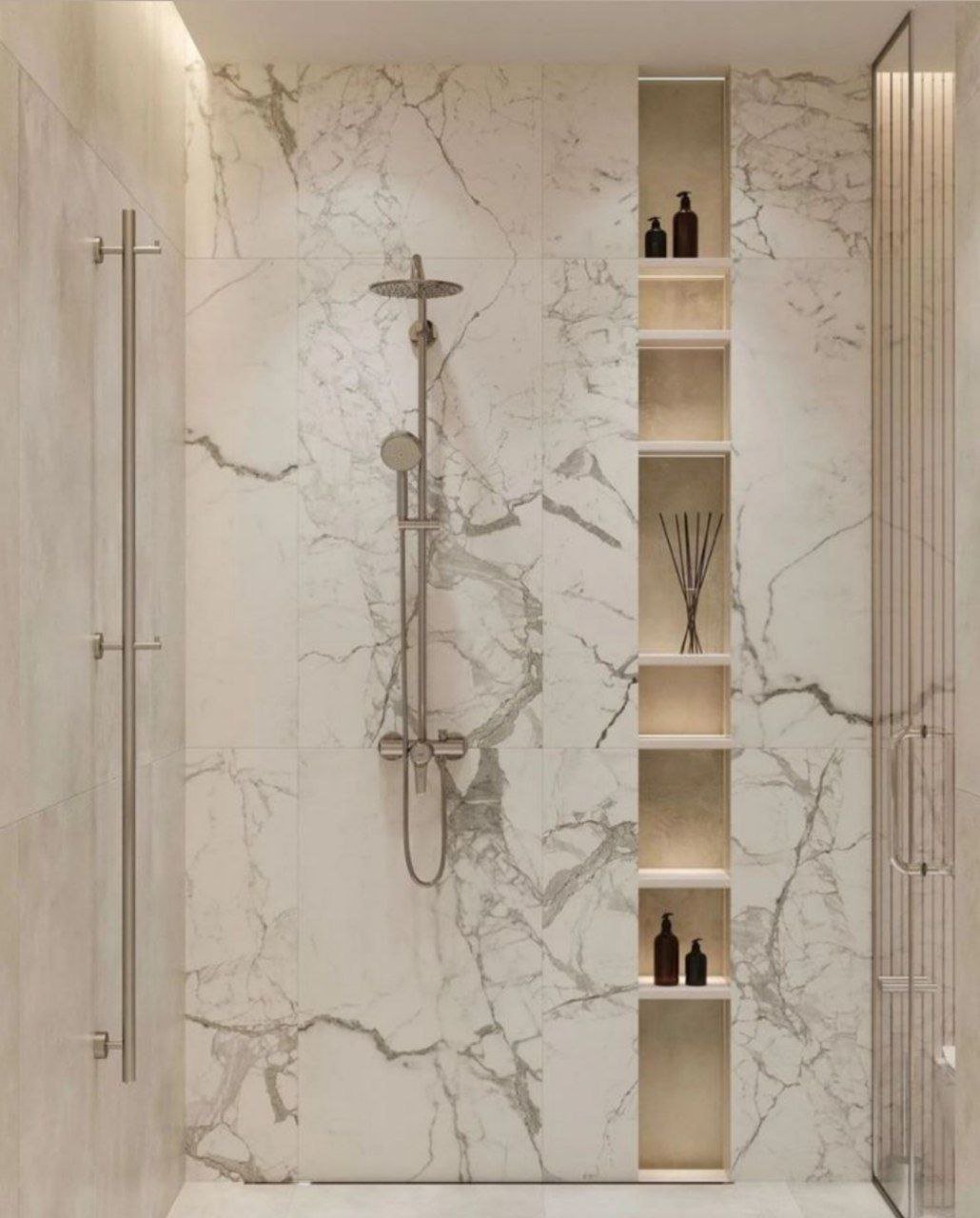 خدمة دش رخامي بإضاءة خفية ضمن قسم مغاسل